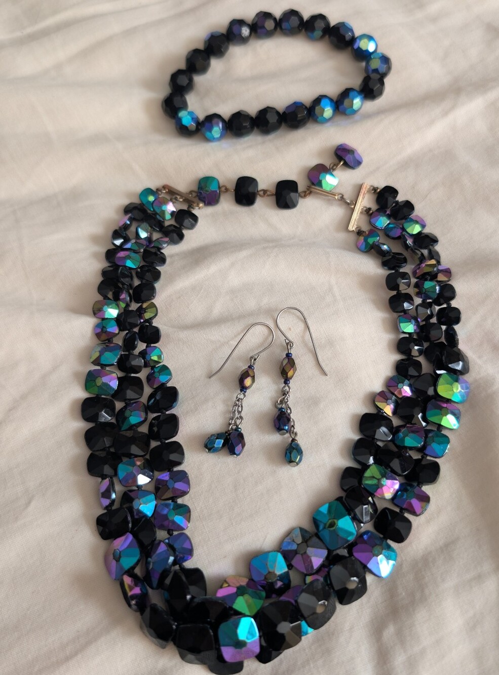 Iridescent Black Crystal Necklace, Bracelet & Earrings Set